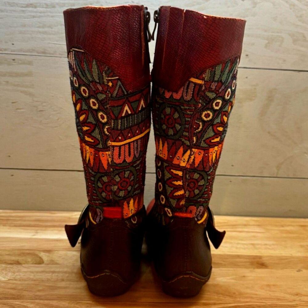 Socofy Calf High Women's Boots Boho Embroidered Tapestry Upper Red Leather SZ 39 - Picture 3 of 11